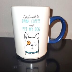 Clay Art Dog Mug "I Just Want to Drink Coffee & Pet My Dog" White wBlue Handle